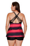 Women Multi Strap Back Pink Black Stripe Print 2 Piece Tankini Swimsuit Bathing Suit Set - KaleaBoutique.com
