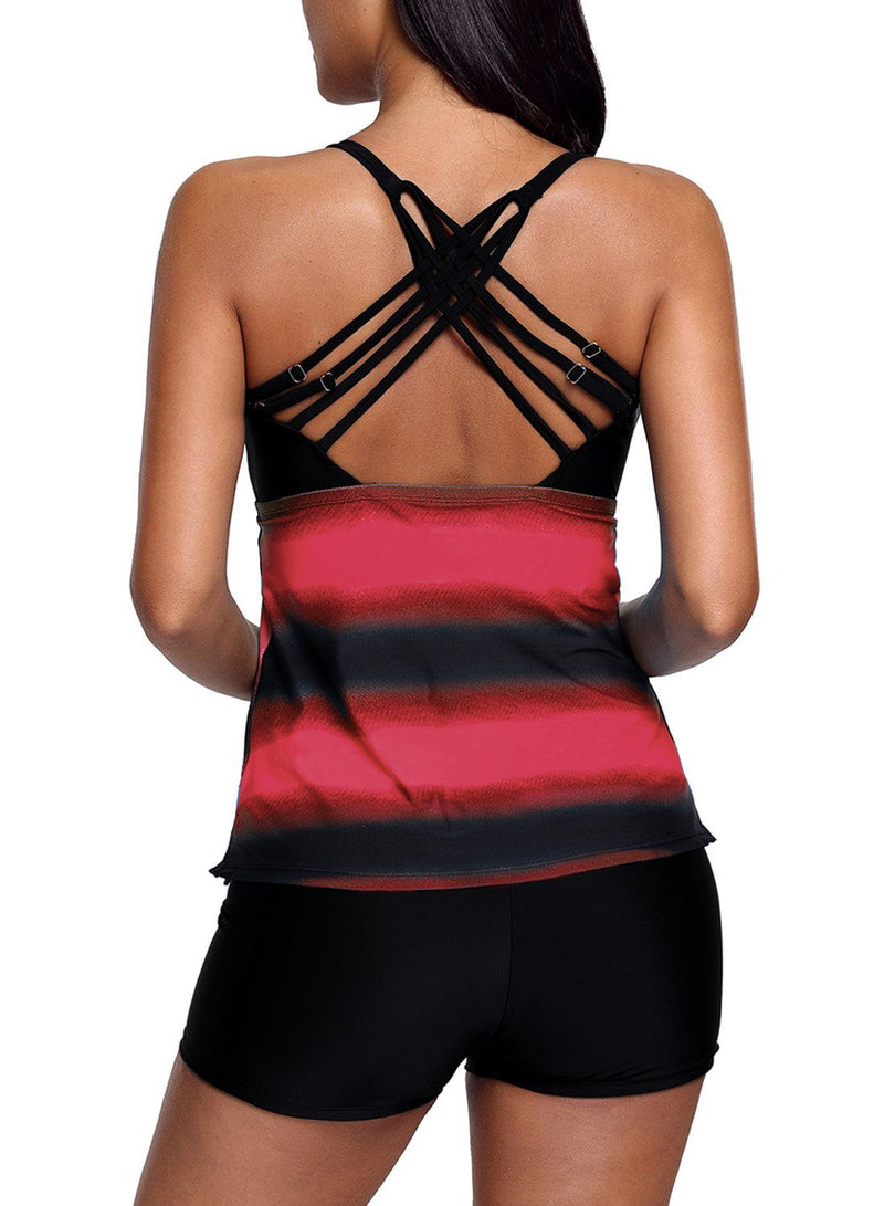 Women Multi Strap Back Pink Black Stripe Print 2 Piece Tankini Swimsuit Bathing Suit Set - KaleaBoutique.com