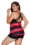 Women Multi Strap Back Pink Black Stripe Print 2 Piece Tankini Swimsuit Bathing Suit Set - KaleaBoutique.com