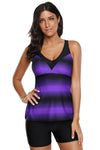 Women Multi Strap Back Purple Black Stripe Print 2 Piece Tankini Swimsuit Bathing Suit Set - KaleaBoutique.com