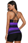 Women Multi Strap Back Purple Black Stripe Print 2 Piece Tankini Swimsuit Bathing Suit Set - KaleaBoutique.com