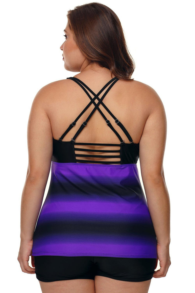 Women Multi Strap Back Purple Black Stripe Print 2 Piece Tankini Swimsuit Bathing Suit Set - KaleaBoutique.com