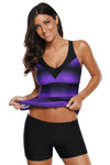 Women Multi Strap Back Purple Black Stripe Print 2 Piece Tankini Swimsuit Bathing Suit Set - KaleaBoutique.com