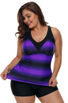 Women Multi Strap Back Purple Black Stripe Print 2 Piece Tankini Swimsuit Bathing Suit Set - KaleaBoutique.com