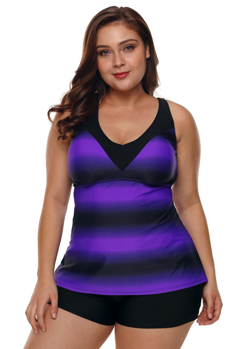 Women Multi Strap Back Purple Black Stripe Print 2 Piece Tankini Swimsuit Bathing Suit Set - KaleaBoutique.com
