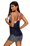Women Navy Blue Coral Trim Relaxed Style Floral T-back Tankini Swimsuit Beach Wear Swim Top - KaleaBoutique.com