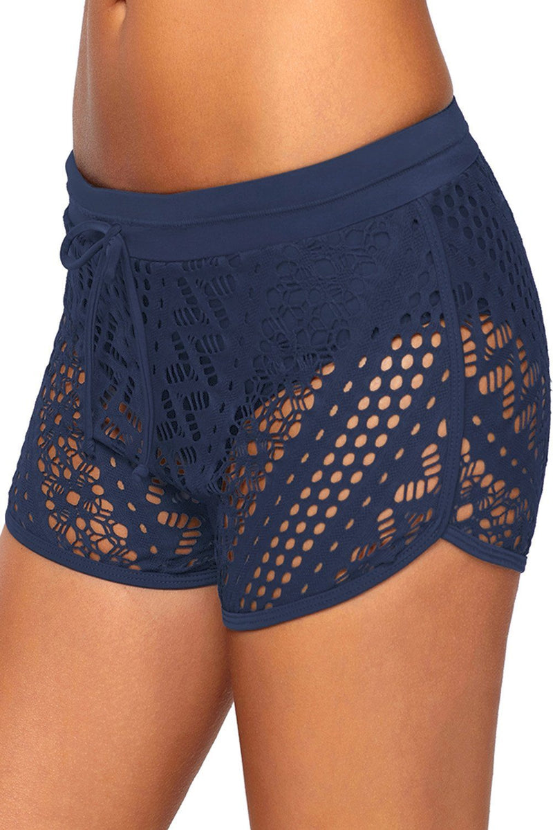 Women Navy Blue Slim Fitted Wide Waistband Low Rise Crochet Swim Shorts Trunks Bottoms - KaleaBoutique.com