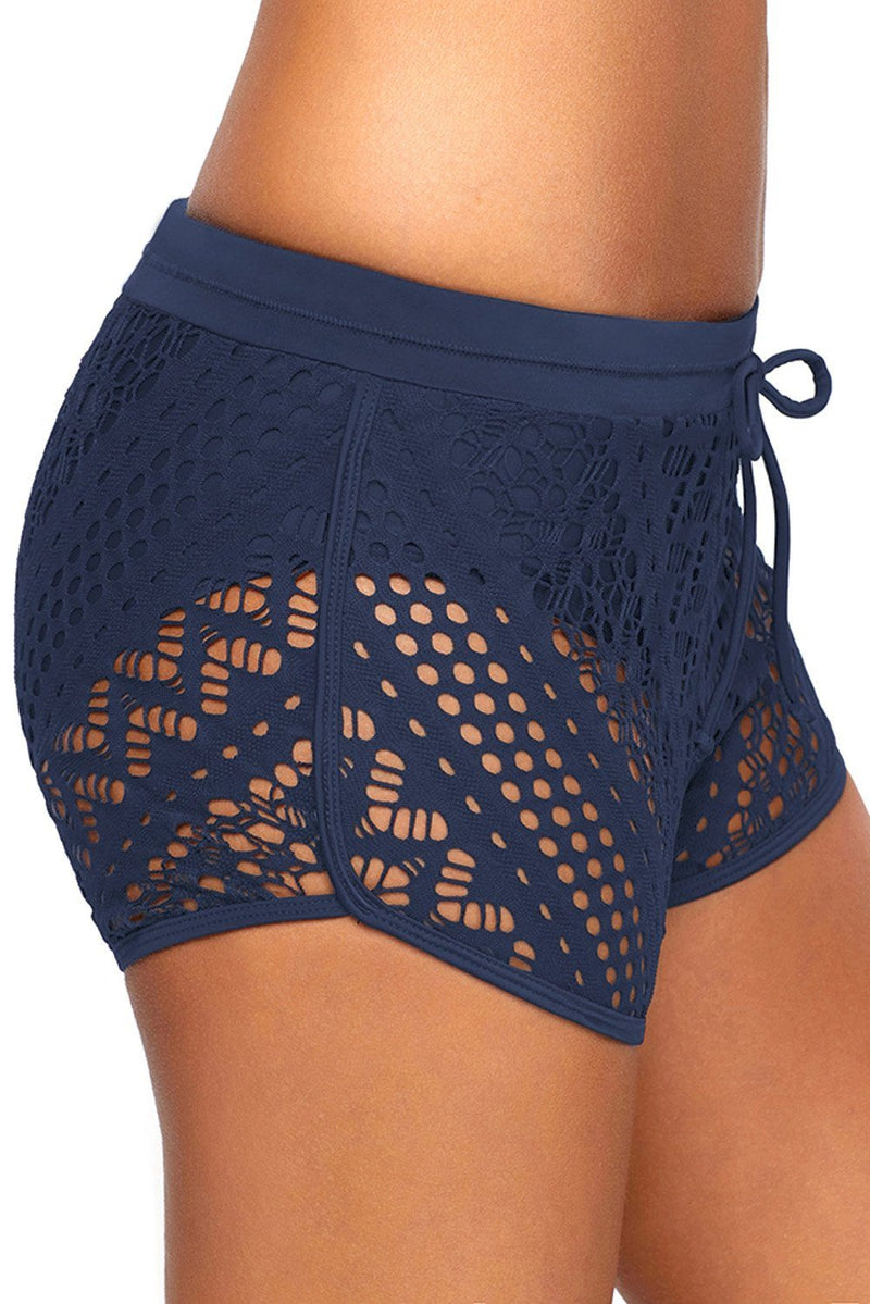 Women Navy Blue Slim Fitted Wide Waistband Low Rise Crochet Swim Shorts Trunks Bottoms - KaleaBoutique.com