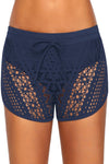 Women Navy Blue Slim Fitted Wide Waistband Low Rise Crochet Swim Shorts Trunks Bottoms - KaleaBoutique.com