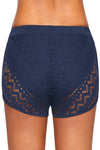 Women Navy Blue Slim Fitted Wide Waistband Low Rise Crochet Swim Shorts Trunks Bottoms - KaleaBoutique.com