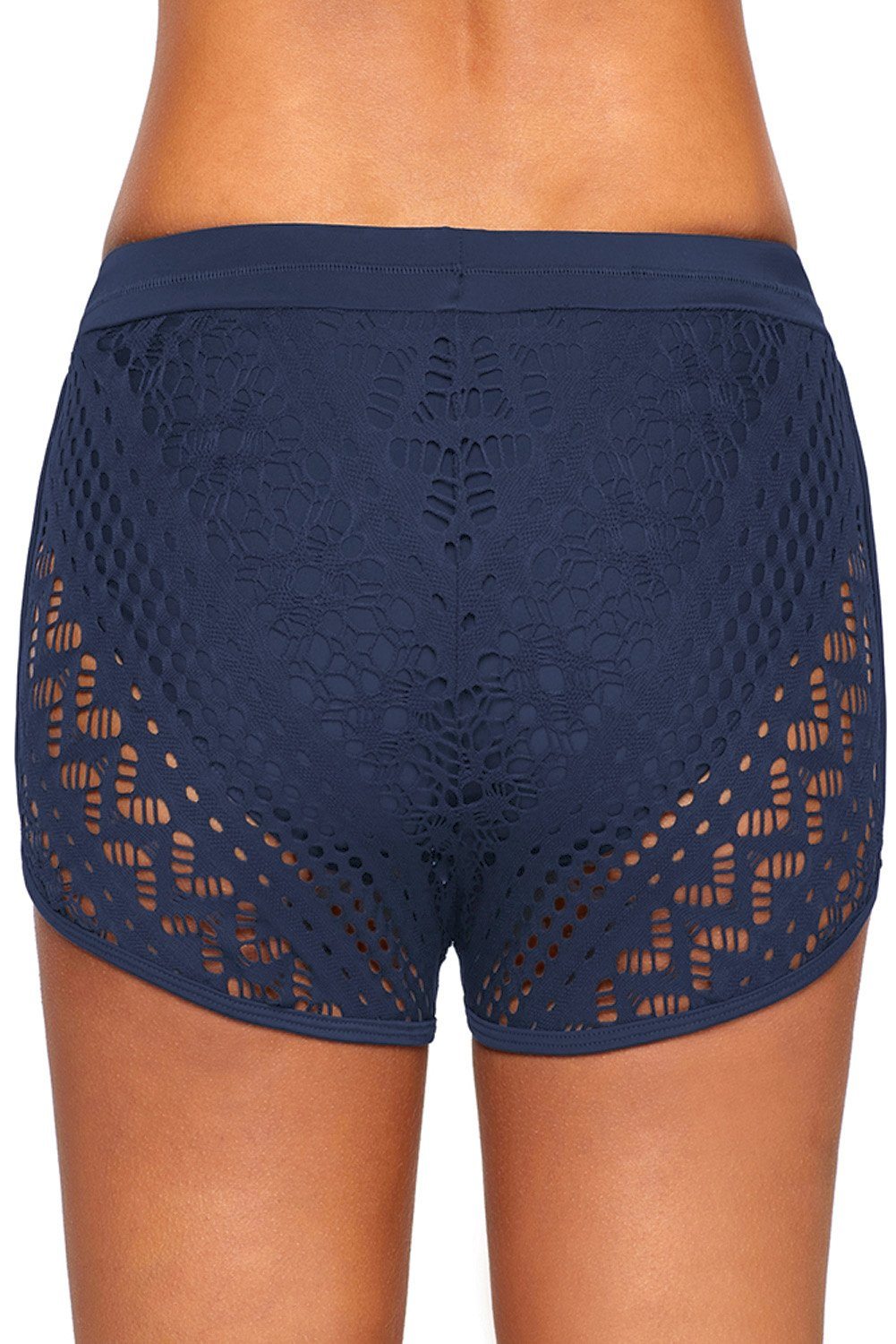 Women Navy Blue Slim Fitted Wide Waistband Low Rise Crochet Swim Shorts Trunks Bottoms - KaleaBoutique.com