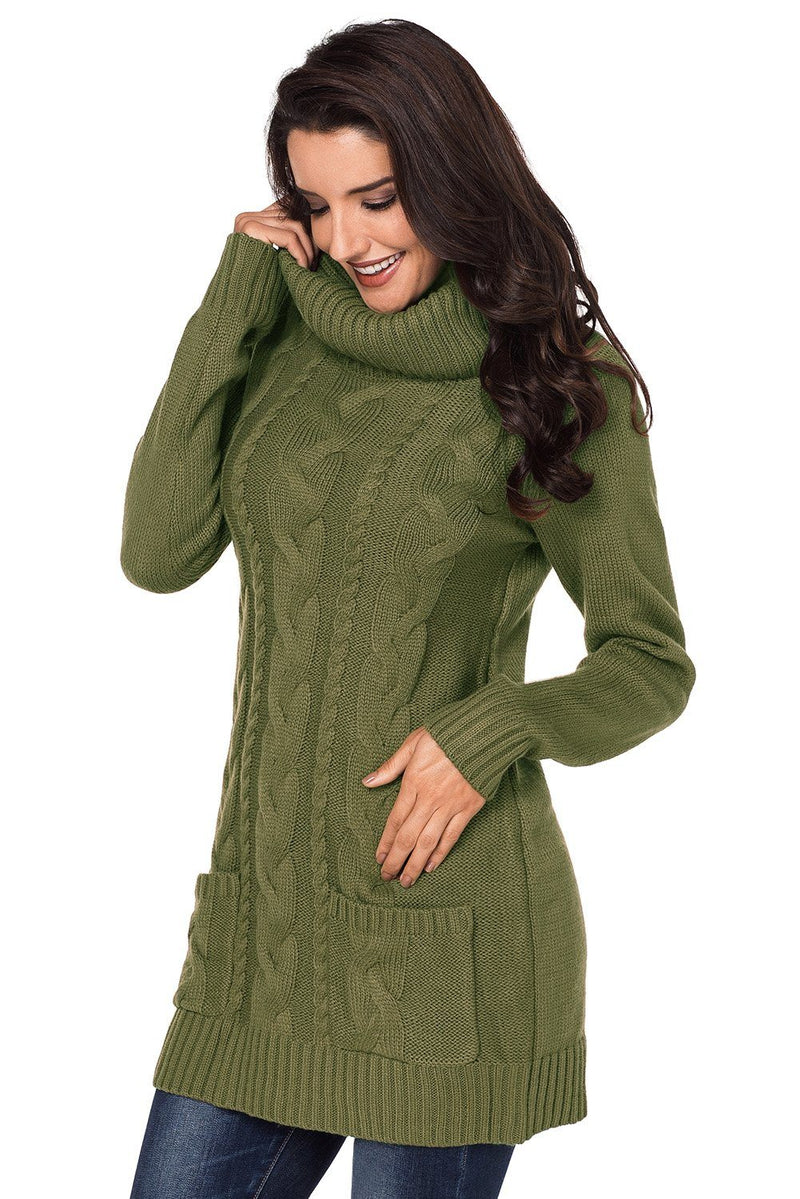 KaleaBoutique Olive Green Cowl Neck Cable Knit Front Pocket Ribbed Mini Sweater Dress - KaleaBoutique.com