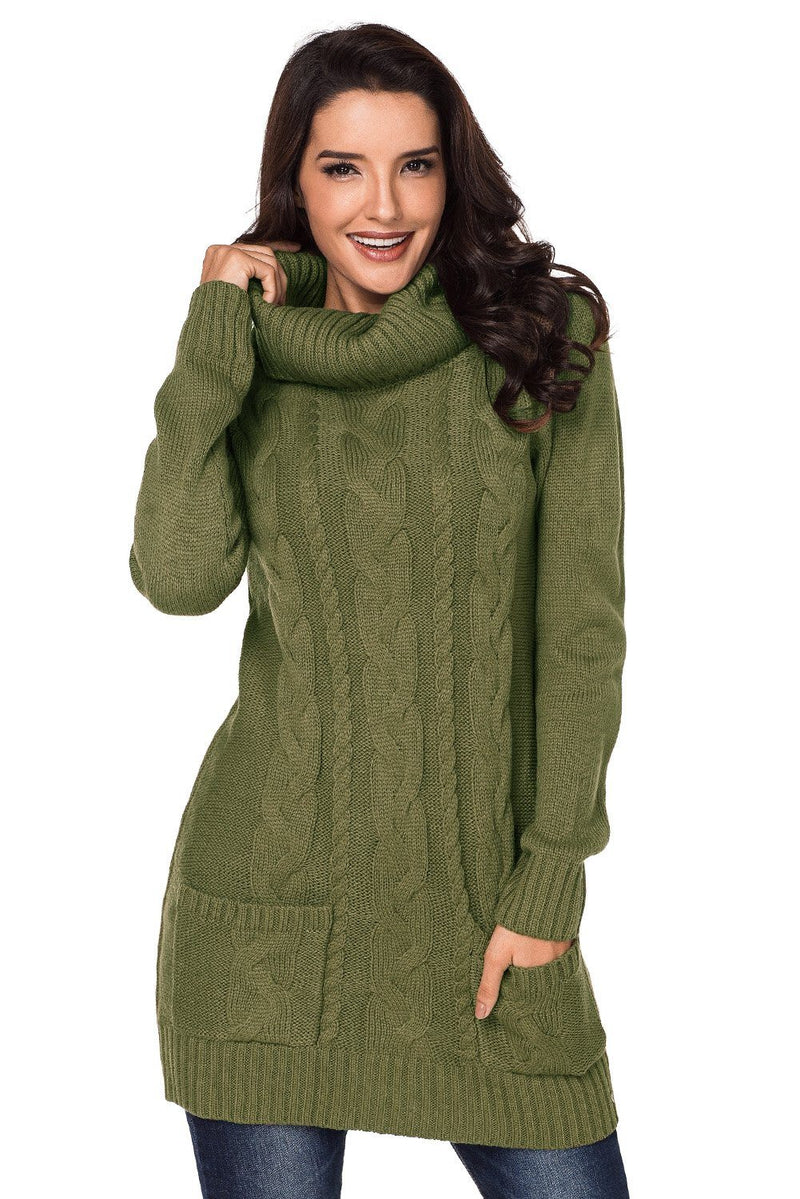 KaleaBoutique Olive Green Cowl Neck Cable Knit Front Pocket Ribbed Mini Sweater Dress - KaleaBoutique.com