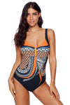 Women Orange Tribal Bohemian Print Sweetheart Neck One Piece Beach Wear Swimsuit - KaleaBoutique.com