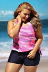 Women Pink Abstract Print Blouson 2 PC Tankini with Black Shorts Bottoms Swimsuit Set - KaleaBoutique.com