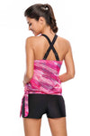 Women Pink Abstract Print Blouson 2 PC Tankini with Black Shorts Bottoms Swimsuit Set - KaleaBoutique.com