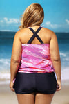 Women Pink Abstract Print Blouson 2 PC Tankini with Black Shorts Bottoms Swimsuit Set - KaleaBoutique.com