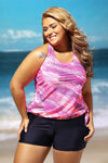 Women Pink Abstract Print Blouson 2 PC Tankini with Black Shorts Bottoms Swimsuit Set - KaleaBoutique.com