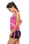 Women Pink Abstract Print Blouson 2 PC Tankini with Black Shorts Bottoms Swimsuit Set - KaleaBoutique.com