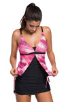 Women Pink Blush Print Two Piece Deep V Neck Tankini Swim Beach Wear Skirted Swimsuit Set - KaleaBoutique.com