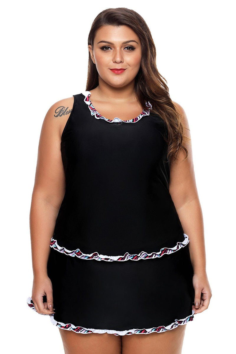 Women Plus Size Black Tankini Swimsuit Tank with Ruffle Trim Swim Skirt 2 Piece Skort Set - KaleaBoutique.com