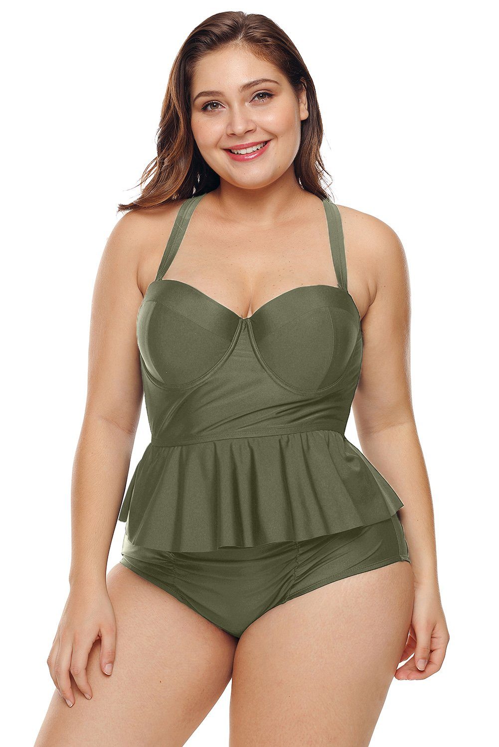 Women Plus Size Swimwear Olive Green Peplum Waist Tankini Two Piece Set Bikini 2 PC Swimsuit - KaleaBoutique.com