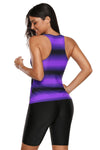 Women Purple Black Stripe Print Racer Back Tankini 2 PC Two Piece Long Board Shorts Swimsuit Set - KaleaBoutique.com