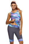Women Purple Blue Abstract Print Swim Cropped Pants Leggings Two Piece 2 PC Tankini Swimsuit - KaleaBoutique.com