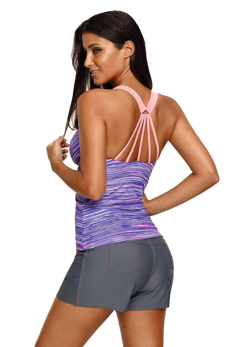 Women Purple Fuzzy Stripe Print Multi String Racer Back Swim Wear Tankini Top - KaleaBoutique.com