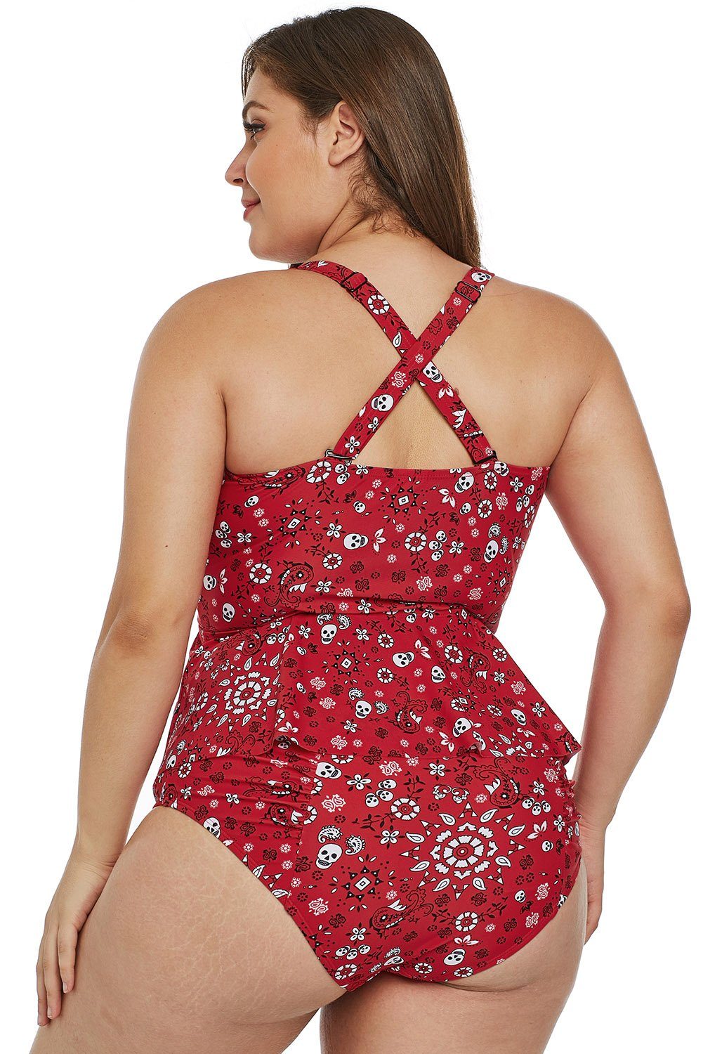 Women Red Plus Size Skull Print Skirted Waist Tankini Two Piece Set Bikini 2 PC Swimsuit - KaleaBoutique.com