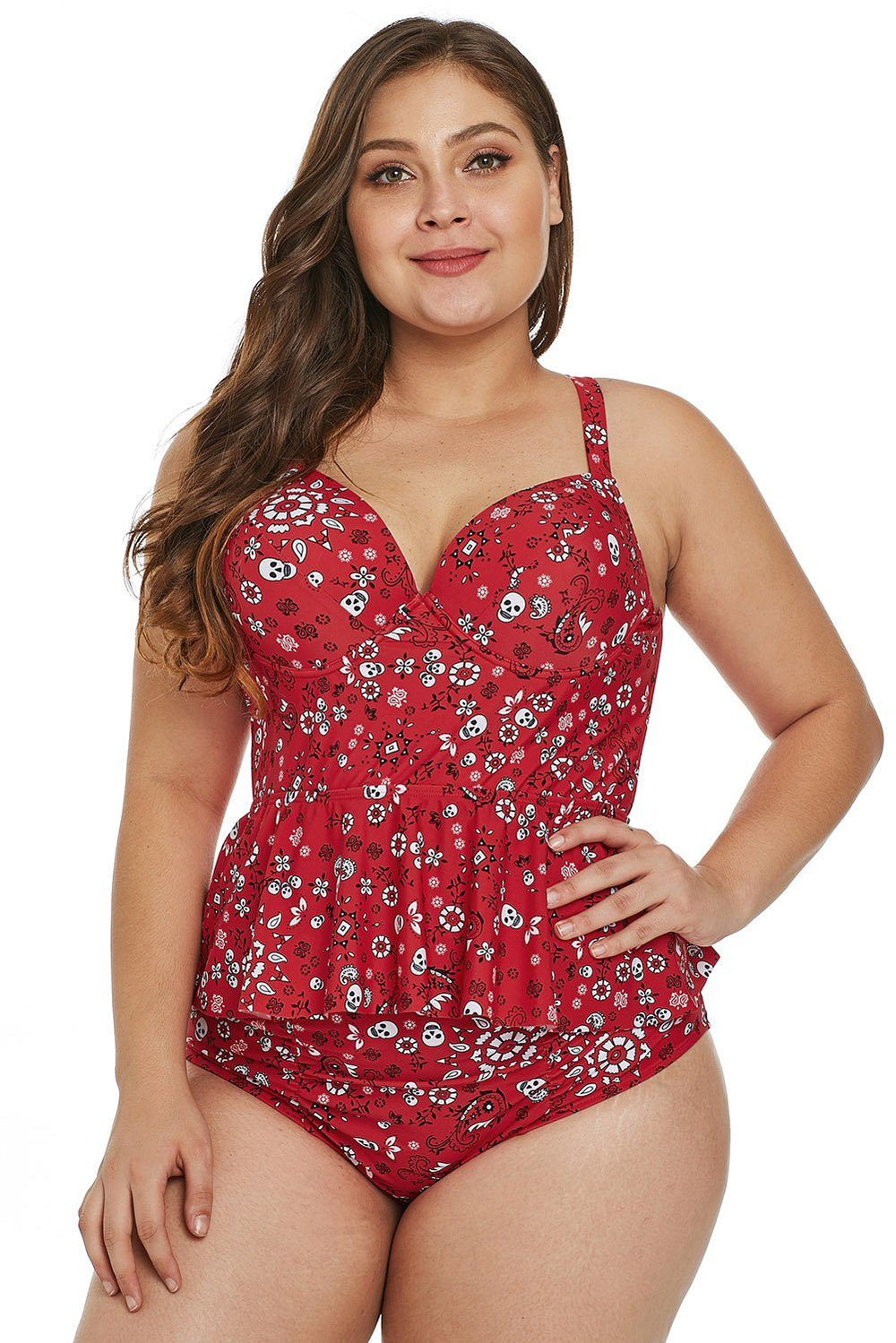 Women Red Plus Size Skull Print Skirted Waist Tankini Two Piece