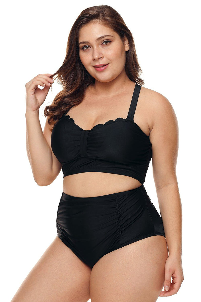 Women Solid Black Scalloped Edge Push-Up Bustier Plus Size High Waist 2 PC Bikini Swimsuit - KaleaBoutique.com