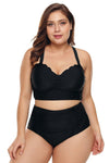 Women Solid Black Scalloped Edge Push-Up Bustier Plus Size High Waist 2 PC Bikini Swimsuit - KaleaBoutique.com