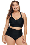Women Solid Black Scalloped Edge Push-Up Bustier Plus Size High Waist 2 PC Bikini Swimsuit - KaleaBoutique.com