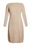 Women Solid Khaki Hand Knitted Scoop Neck Knee Length Midi Sweater Dress - KaleaBoutique.com