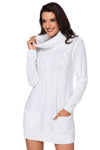 Women Solid White Cowl Neck Cable Knit Front Pocket Ribbed Mini Sweater Dress - KaleaBoutique.com