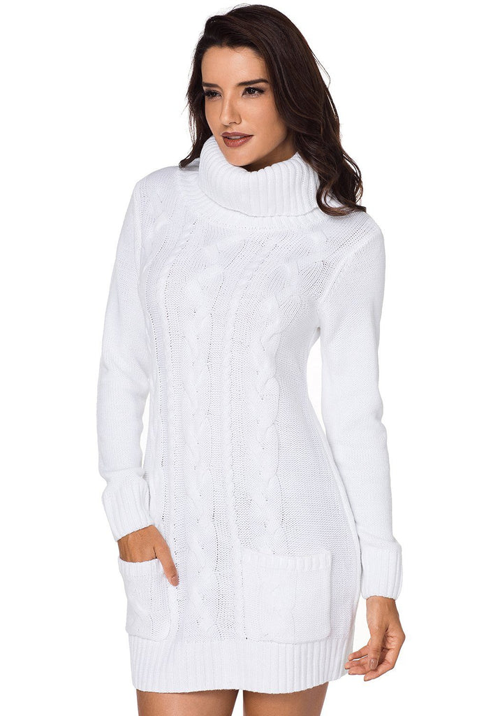 Women Solid White Cowl Neck Cable Knit Front Pocket Ribbed Mini Sweater Dress - KaleaBoutique.com