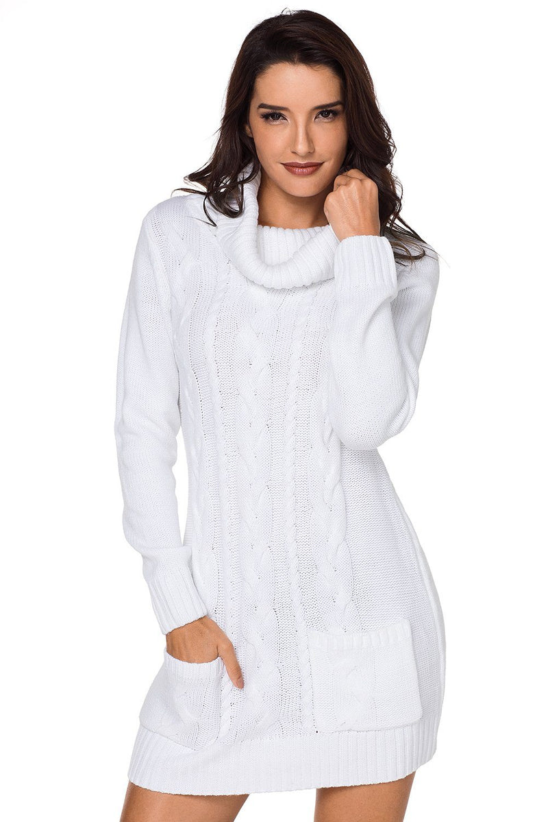 Women Solid White Cowl Neck Cable Knit Front Pocket Ribbed Mini Sweater Dress - KaleaBoutique.com