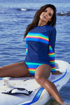Women Striped Long Sleeve UV Sun Protection UPF 50+ Rash Guard 2 Piece Swimsuit - KaleaBoutique.com