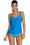 Women Swimwear Turquoise Stripe Print Layered Style Lined up Tankini Two Piece Set Bikini - KaleaBoutique.com