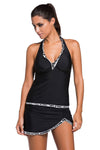 KaleaBoutique 2 Piece Black & White Trim Deep V Neckline Tankini Skirt Skort Halter Swimsuit Set - KaleaBoutique.com