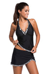 KaleaBoutique 2 Piece Black & White Trim Deep V Neckline Tankini Skirt Skort Halter Swimsuit Set - KaleaBoutique.com