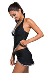 KaleaBoutique 2 Piece Black & White Trim Deep V Neckline Tankini Skirt Skort Halter Swimsuit Set - KaleaBoutique.com