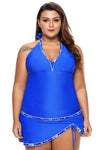 Women Two Piece Royal Blue Deep V Neckline Tankini Skirt Skort Halter 2 PC Set Swimsuit Set - KaleaBoutique.com