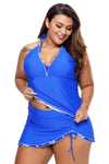 Women Two Piece Royal Blue Deep V Neckline Tankini Skirt Skort Halter 2 PC Set Swimsuit Set - KaleaBoutique.com