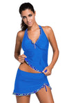 Women Two Piece Royal Blue Deep V Neckline Tankini Skirt Skort Halter 2 PC Set Swimsuit Set - KaleaBoutique.com