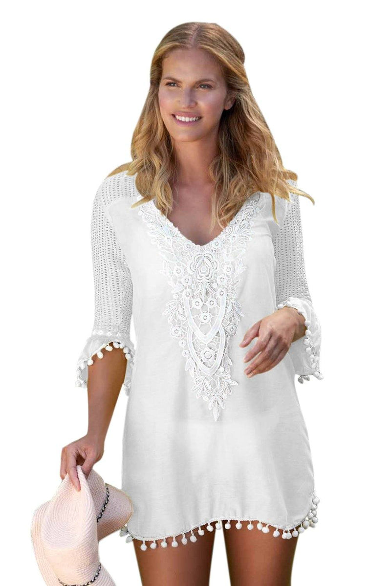 Women White Embroidered Crochet Applique Neck Pompom Trim Beach Wear Cover Up Dress - KaleaBoutique.com