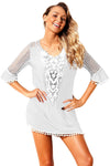 Women White Embroidered Crochet Applique Neck Pompom Trim Beach Wear Cover Up Dress - KaleaBoutique.com
