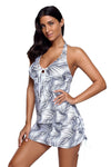 Women White Palm Leaves Print Deep V Halter Neck 2 Piece Tankini Skirt Swimsuit Set - KaleaBoutique.com