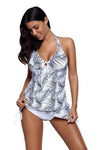 Women White Palm Leaves Print Deep V Halter Neck 2 Piece Tankini Skirt Swimsuit Set - KaleaBoutique.com